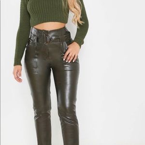 Olive Green Faux Leather Pants - PLT